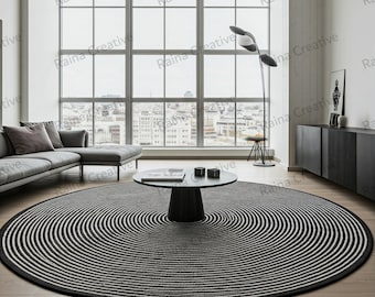 Modern Minimalist Round Rug - Black & White Geometric Circle Rug, Perfect for Living Room And Office Spaces, Modern Interiors.