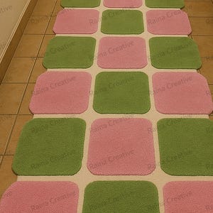Hand-tufted pink and green runner rug with checkered squares, a long hallway indoor runner for floor decor.