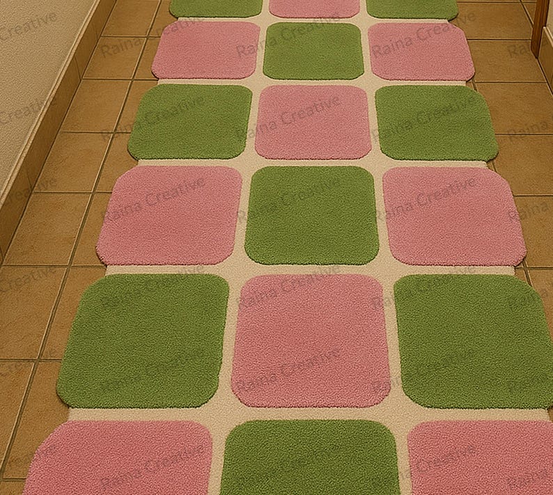 Hand-tufted pink and green runner rug with checkered squares, a long hallway indoor runner for floor decor.