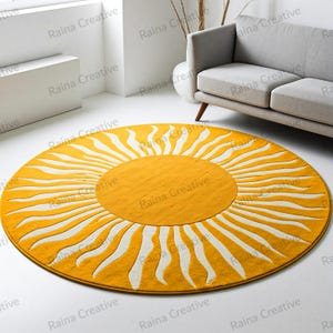 Sunburst Round Rug - Mustard Yellow & White Living Room Décor | Boho Minimalist Design for Bedroom or Home Decor