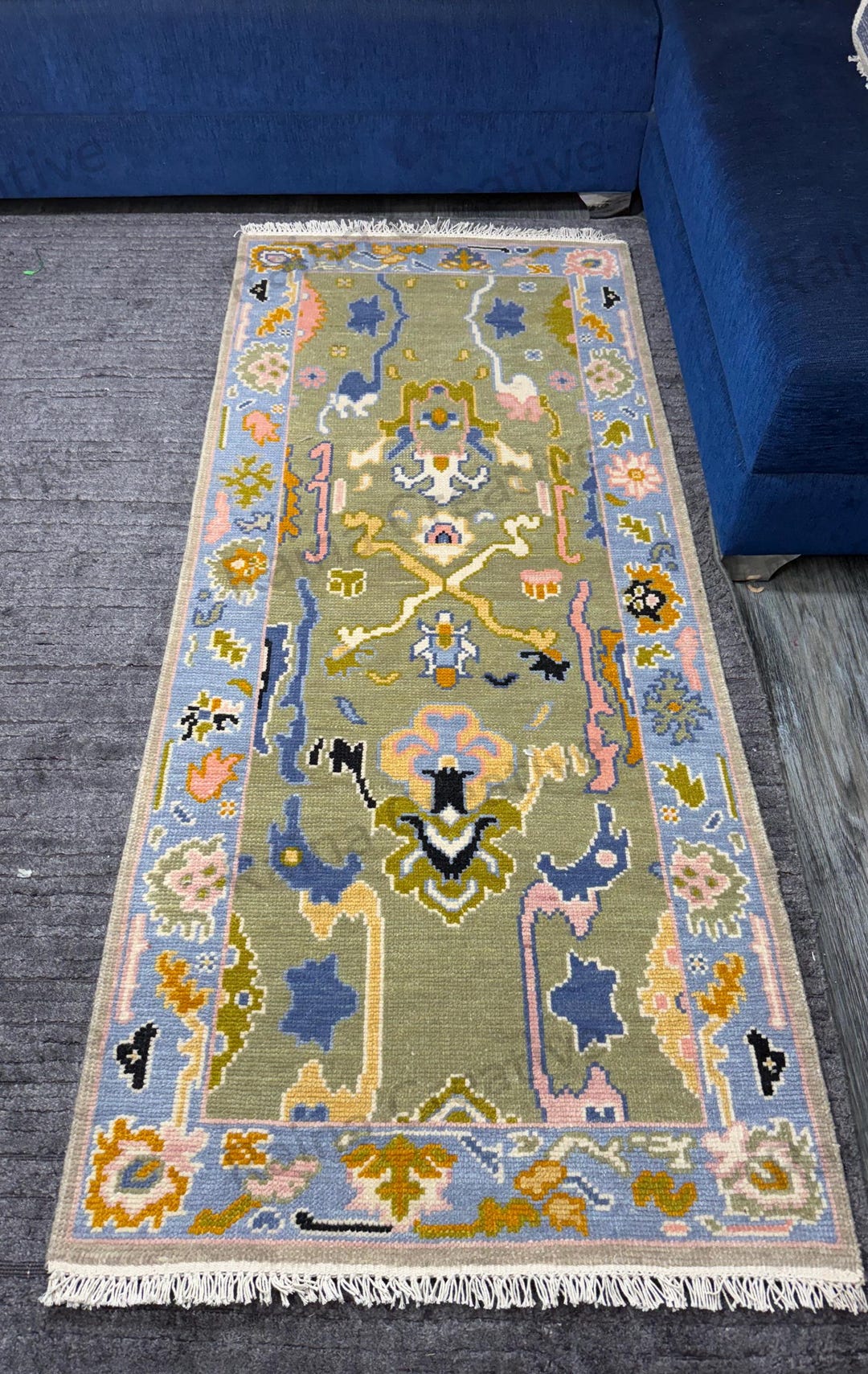 Hand-knotted Turkish Wool Runner Rug: Green & Pastel Floral Hallway ...