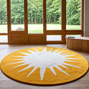 6ft Handcrafted Sunburst Round Rug - Mustard Yellow & White Boho Minimalist Area Rug for Living Room or Bedroom Decor