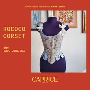 Peut inclure: Un patron de corset rococo bleu et or avec un patron imprimable PDF et un tutoriel vidéo. Le patron est disponible dans les tailles 52EU-26UK-XXL. Le patron est de Caprice Atelier.