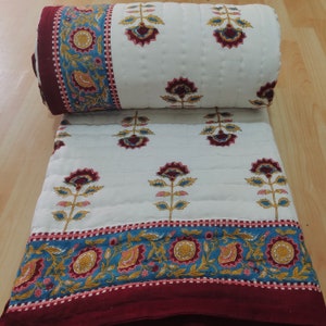Jaipuri Hand Block Print Cotton Quilt: Reversible Blue Floral Comforter