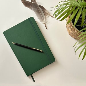 May include: A dark green journal with a black pen lying on top of it. A brown feather and a potted plant are in the background.