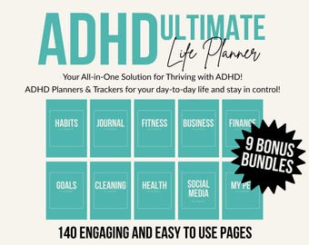 以下が含まれることがあります： 白地にターコイズ色のテキストで書かれたADHD Ultimate Life Planner。習慣、ジャーナル、フィットネス、ビジネス、ファイナンス、目標、クリーニング、健康、ソーシャルメディアなどのセクションが含まれています。9つのボーナスバンドルと140ページも含まれています。