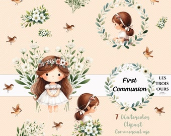 Kommunion Clipart: Aquarell Mädchen, Vögel & Blumen (Kommerzielle Nutzung)