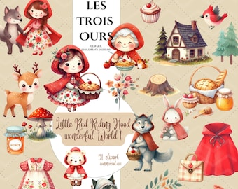 May include: A set of 51 digital clipart images featuring Little Red Riding Hood characters and objects. The images include a red hooded girl, a wolf, a deer, a bear, a rabbit, a squirrel, a house, a pie, a basket, a mushroom, a jar of honey, a cupcake, a bird, and a tree. The images are in a watercolour style and are perfect for creating children's books, cards, and other crafts.