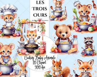 Watercolor Cooking Animals Clipart: Baby Chefs (10 PNG) Commercial Use