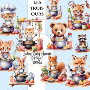 Bonito aquarela bebê animal clipart, cozinha clipart, adorável cozinhar animais, 10 png, uso comercial