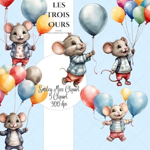 Mäuse und Ballon Clipart 5 PNG, süße männliche Mäuse Clipart zum digitalen Download, Kartenherstellung, Kinderschmuck. Kommerzielle Nutzung