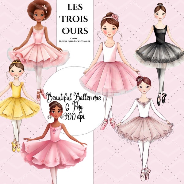 Ballerina Clipart set , 6 cute Ballerinas in different coloured pink, yellow, black dresses for collage birthday cards , mugs Commercial use