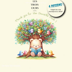4 Gracias Diseño Acuarela Animales Leyendo Libro Clipart, Gracias por el Hermoso libro Png, Oso, Conejo, Ratones, Cerdo Tarjeta de agradecimiento