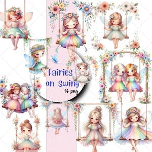 Clipart fata acquerello seduta sull'altalena, Clipart fatina carina, Fata dolce, Clipart vestito arcobaleno, Sublimazione fata, Uso commerciale