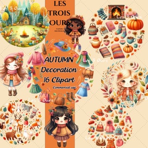 Clipart de decoración de otoño con acuarela, clipart de otoño, clipart de otoño acogedor, clipart de marco, diario basura de manualidades de papel, clipart de otoño de niña, uso comercial