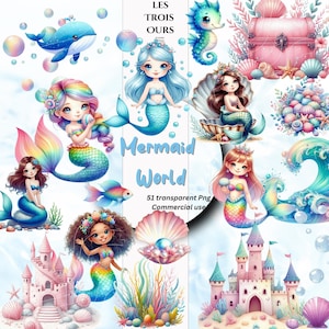 51 cliparts sirène mignonne, aquarelle sirène mignonne Clipart, lot de cliparts sirène arc-en-ciel, animal marin PNG, aquarelle sirène PNG chambre de bébé png