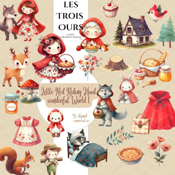 51 Little Red Riding Hood Clipart, Fairy Tale Art, Little Red Riding Hood Clipart bundle woodland Animals Graphics, red riding Hood costume
