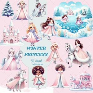 38 Raccolta di Clipart di Principesse Invernali Carine, Clipart di Principesse Pattinatrici sul Ghiaccio, Clipart di Principesse della Neve Rosa Acquerello, Cavallo Invernale e Unicorno png