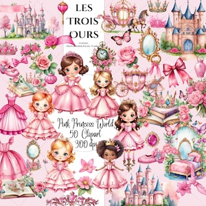 Clipart de princesa rosa aquarela, Clipart de princesinha, Clipart de conto de fadas, Castelo de princesa PNG, Clipart de aquarela 50 png para artesanato infantil