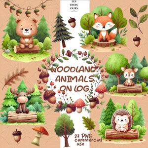 Clipart aquarelle animaux des bois, animaux des bois sur bûche, baby shower d'animaux des bois, décoration de chambre d'enfant des bois, animaux de la forêt.