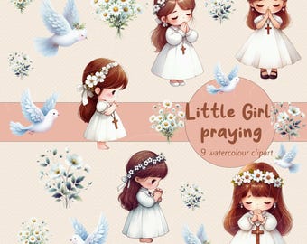 First Communion Clipart: Praying Girl, Doves, Flowers (PNG, 300 DPI)