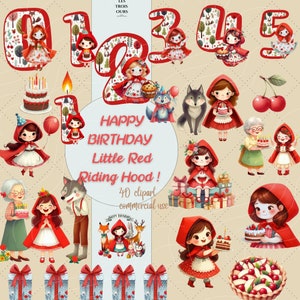 40 Imágenes prediseñadas de cumpleaños de Caperucita Roja, paquete de imágenes prediseñadas de Caperucita Roja, gráficos de números, celebración de Caperucita Roja png