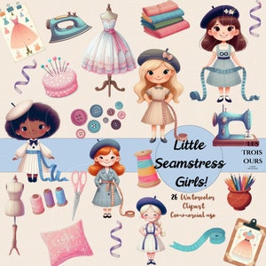 26 Clipart do szycia, mała francuska krawcowa, narzędzia do szycia, tkaniny, maszyny do szycia Clipart, vintage zestaw do szycia clipart, album, rzemiosło