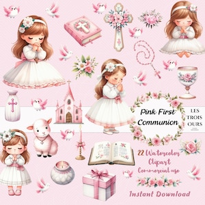 Clipart de primera comunión rosa Clipart de acuarela Personajes de primera comunión Clipart religioso Tarjeta de invitación de primera comunión Clipart de primera comunión