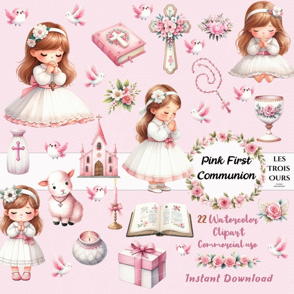 First Communion Pink Clipart Watercolor Clipart 1st Communion Characters Religious Clipart premiere communion Clipart card invite