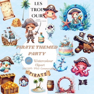 64 cliparts aquarelle pirate - clipart pirate mignon, aquarelle pirate, soirée à thème pirate png, garçon pirate-usage commercial, téléchargement numérique