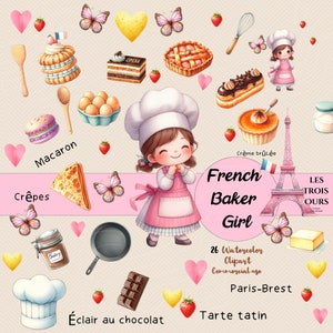Clipart de Chef de Pastelaria Francesa, Clipart de Padeiro Francês, Clipart de Assado, Clipart de Chef, Padeiro Bonito, Bolos Parisienses, Clipart de Bolo Francês, Garota Chef