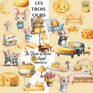 Watercolor Cheese Clipart Bundle: Gruyere Mouse House (PNG Instant Download)