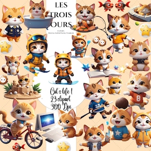 Clipart di gatti, cartone animato carino, 23 Cat's Life, clipart di cartoni animati di gattini, attività con i gatti, immagini digitali divertenti, per collage, quaderni, tazze, arte murale.