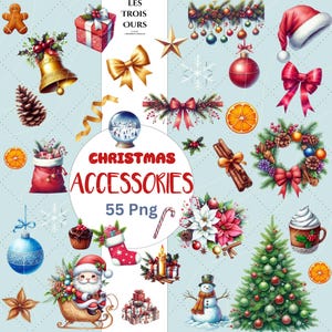 55 imágenes prediseñadas navideñas en acuarela, imágenes prediseñadas de decoración navideña, colección navideña, accesorios navideños para hacer tarjetas, etiquetas de regalo