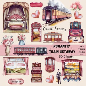 Paquete de imágenes prediseñadas de trenes antiguos en acuarela, imágenes prediseñadas de San Valentín, feliz día de San Valentín, interior de trenes antiguos PNG, ambiente Orient-Express