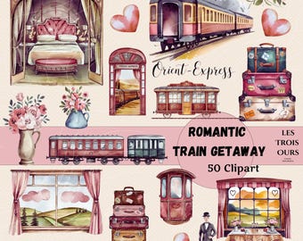 水彩画風ヴィンテージ列車のクリップアート：ロマンチックなオリエント急行のPNG（50 png）