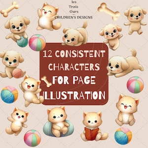 12 Consistent Characters for children's projects Illustration, Cute Cat & Dog Clipart Set of 12, instant download, commercial use.