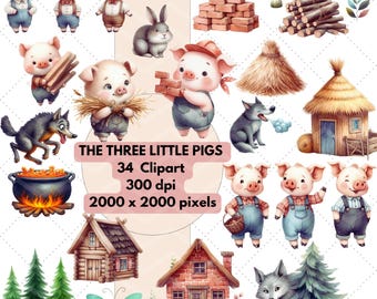 Three Little Pigs Clipart: Watercolor Fairy Tale, Big Bad Wolf (Instant Download)