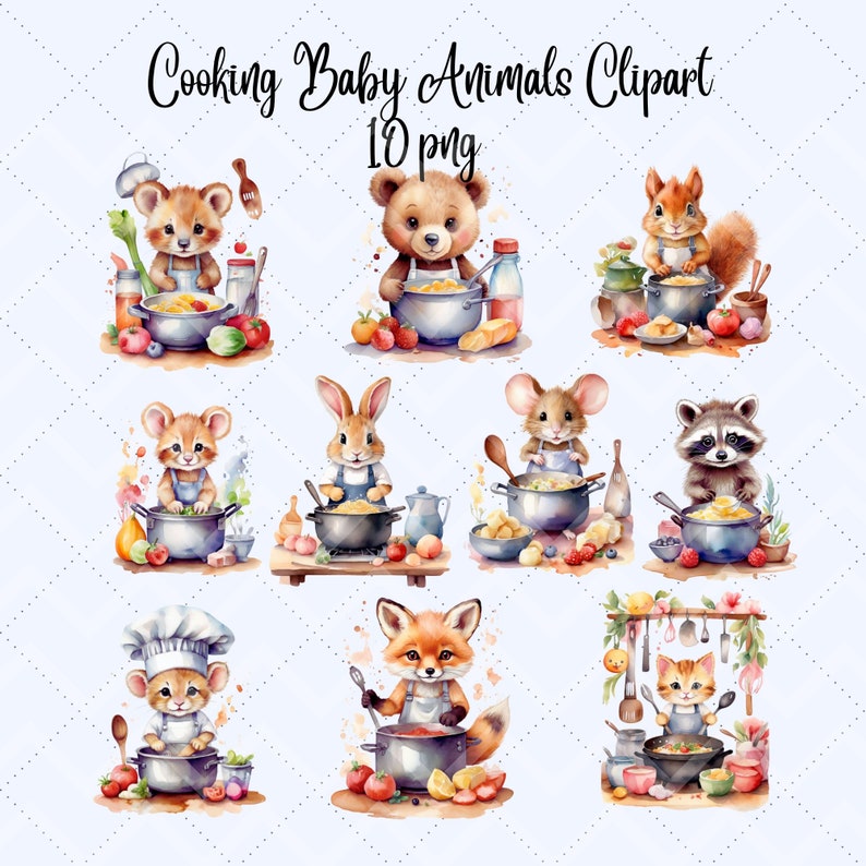 Watercolor Cooking Animals Clipart: Baby Chefs (10 PNG) Commercial Use ...