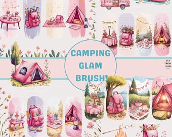 Girly Camping Clipart: Campfire, Tent, Canoe (PNG Digital Download)