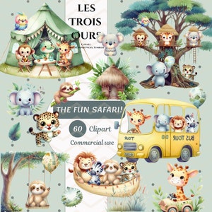 60 imágenes prediseñadas de animales de safari, imágenes prediseñadas de acuarela, lindos animales bebés, gráficos para baby shower, cumpleaños de safari, imágenes prediseñadas de escenas de la jungla, manualidades para niños