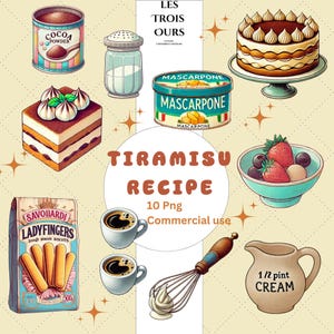 Watercolor Tiramisu Recipe Clipart Bundle, Tiramisu Digital Images,  Tiramisu Ingredients Graphics , Watercolor Food Clipart ,commercial use