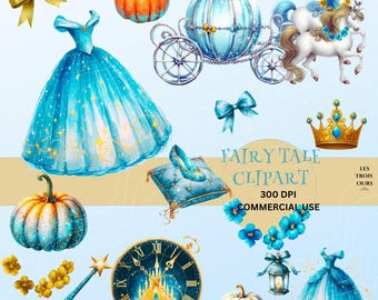 Clipart de conto de fadas em aquarela: princesa, carruagem, abóboras (download digital)