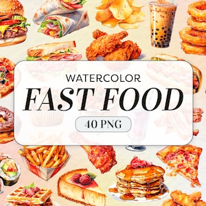 Watercolor Fast Food Clipart - Watercolor Food PNG - Commercial Use - Burger French Fries Clipart  - Food Illustrations - Digital Download