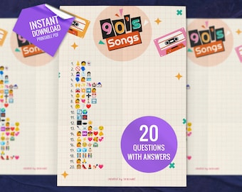 90s Songs Emoji Pictionary, Emoji Quiz, Emoji Game, Printable Party Games, Fun Family Activity, Fun Shower Game Activity, Digital Download