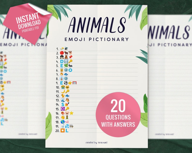 Animals Emoji Pictionary, Printable Party Games, Printable Emoji Game