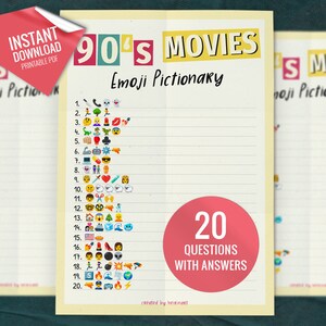 Films uit de jaren 90 Emoji Pictionary, Afdrukbare partygames, leuke familieactiviteit, leuke douchespelactiviteit, digitale download