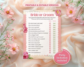 May include: A printable bride or groom game with a pink and green color scheme. The game features a list of questions about the bride and groom, with checkboxes for each answer. The text "Party Invitation Included" is at the bottom of the page.