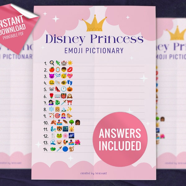 Disney Princess Emoji Pictionary, Printable Party Games, Fun Shower Activity, Party Game for Kids and Adults, Instant download