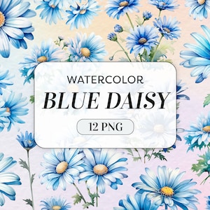Aquarelle bleu Daisy Clipart - aquarelle fleurs PNG - usage commercial - bouquet de fleurs marguerite - aquarelle art floral - téléchargement numérique